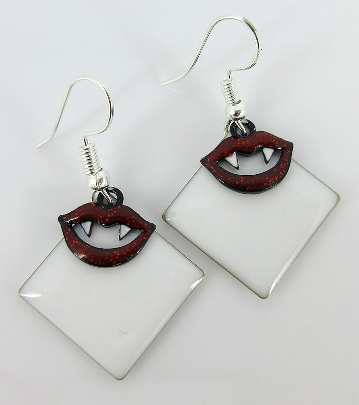Summerfield Collection Silver-tone White Enamel Vampire Lip Charm Dangle Earrings