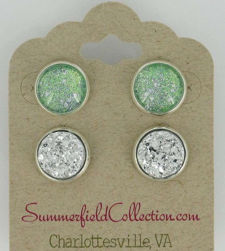 Summerfield Collection Silver-tone Duo Stud Earrings Hand-painted Mint Green Twinkle Glitter Glass Faux Druzy Stone 12mm