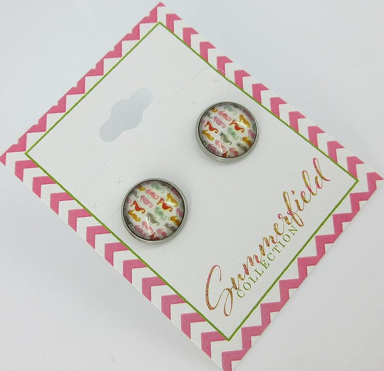 Summerfield Collection Stainless Steel Colorful Seahorse Print Glass Stud Earrings 12mm