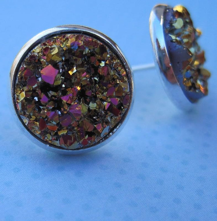 Summerfield Collection Silver-tone Metallic Faux Druzy Stone Stud Earrings 12mm (Gold/Pink)