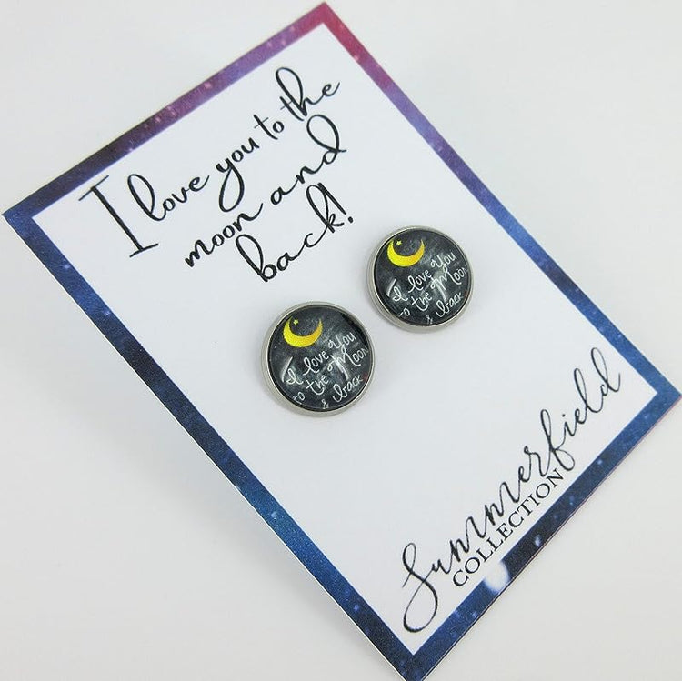 Summerfield Collection Stainless Steel I Love You to the Moon and Back Print Glass Stud Earrings 12mm (Crescent Moon)