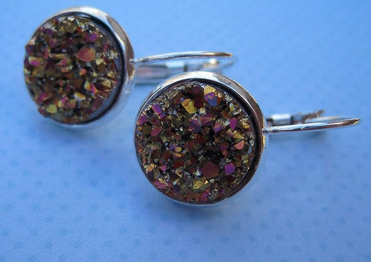 Summerfield Collection Silver-tone Metallic Faux Druzy Stone Lever-back Drop Earrings 12mm (Gold/Pink)