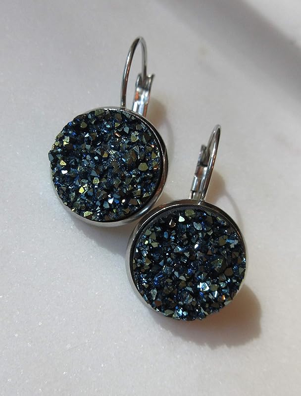 Summerfield Collection Stainless Steel Faux Druzy Stone Lever-back Drop Earrings 14mm (Metallic Blue)