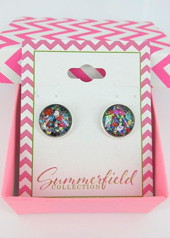 Summerfield Collection Silver-Tone Black and Multi-Color Confetti Glitter Glass Stud Earrings 1/2" Round
