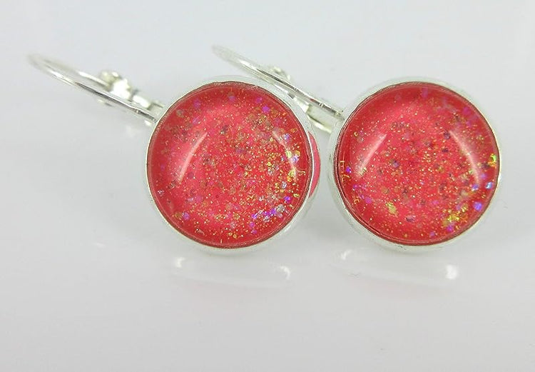 Summerfield Collection Silver-tone Coral Iridescent Glitter Glass Galaxy Drop Earrings Leverback Hand-painted