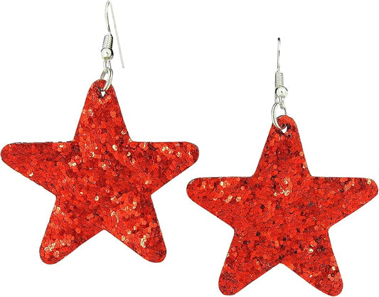 Summerfield Collection Glitter Faux Leather Large Star Dangle Earrings (Red)