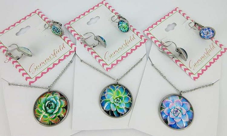 Summerfield Collection Stainless Steel Succulent Printed Glass Necklace Drop Earrings Set (Blue/Pink)