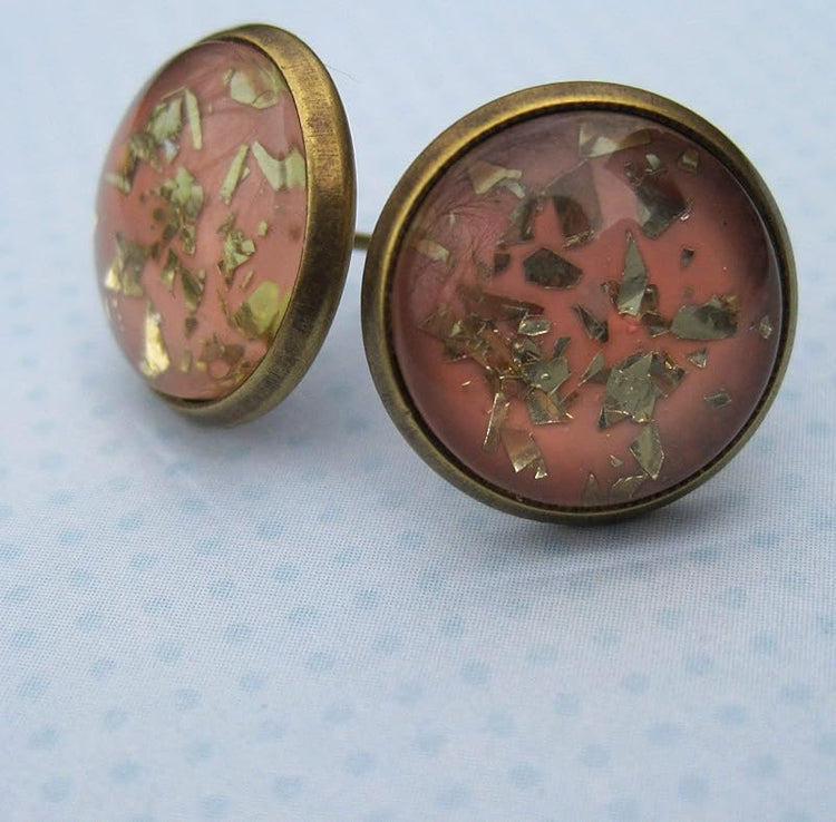 Summerfield Collection Antiqued Gold-tone Peach Glitter Glass Stud Earrings 12mm Hand-painted