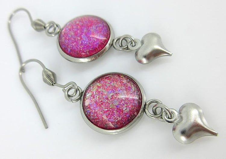 Summerfield Collection Stainless Steel Pink and Iridescent Glitter Flake Glass Heart Charm Dangle Earrings