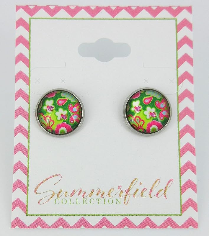 Summerfield Collection Stainless Steel Green and Pink Flower Paisley Print Glass Stud Earrings 12mm Vintage Vibe