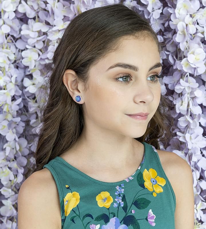 Summerfield Collection Shiny Silver-tone Iridescent Glitter Resin Stud Earrings 10mm (Purple)
