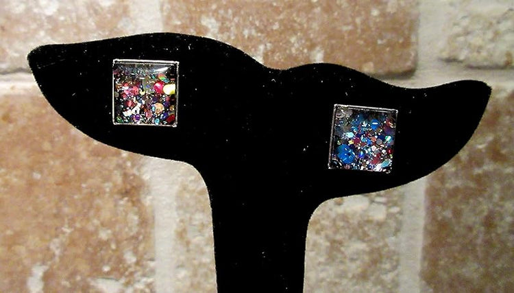 Summerfield Collection Silver-tone Black and Multi-Color Confetti Glitter Glass Stud Earrings Hand-painted Square 12mm
