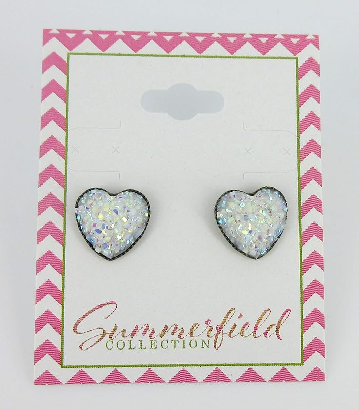Summerfield Collection Antiqued Gold-tone White AB Heart Faux Druzy Stone Stud Earrings 12mm