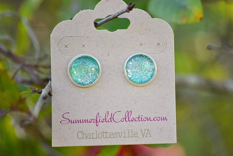 Summerfield Collection Silver-tone Twinkle Glitter Glass Galaxy Stud Earrings Hand-painted 12mm (Mint Green)