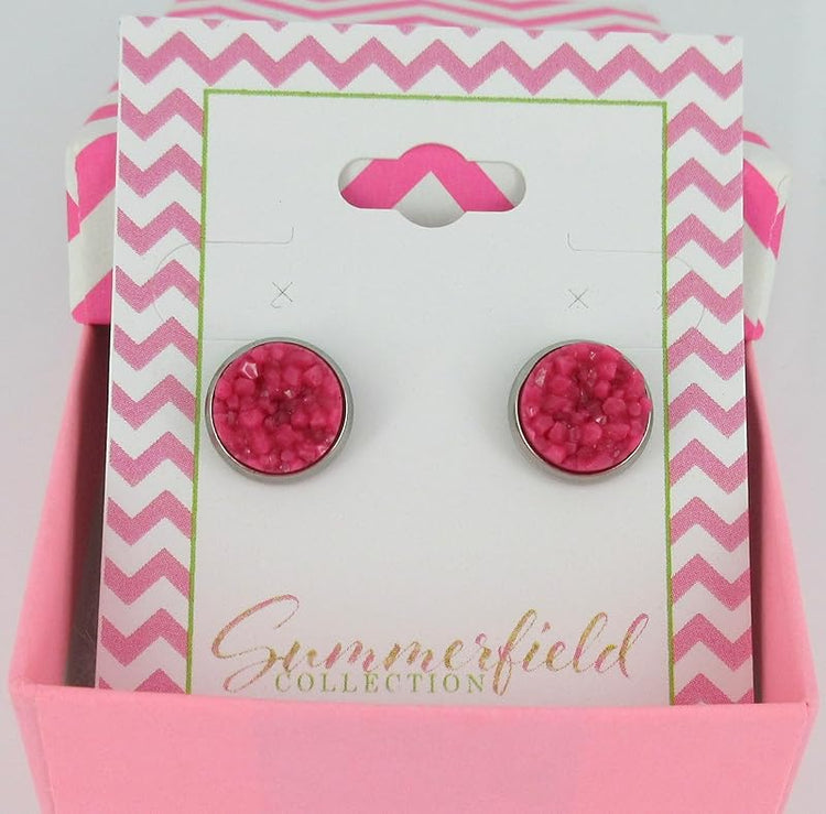 Summerfield Collection Stainless Steel Matte Faux Druzy Stone Stud Earrings 10mm (Magenta Pink)