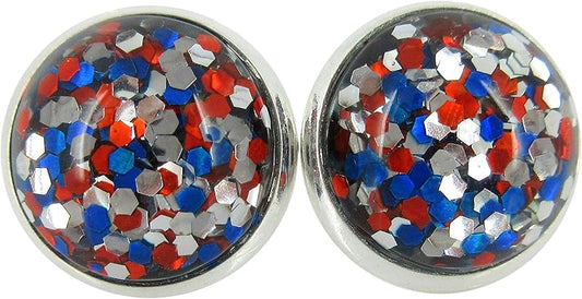 Summerfield Collection Silver-tone Patriotic Glitter Resin Stud Earrings Red Blue USA (12mm)