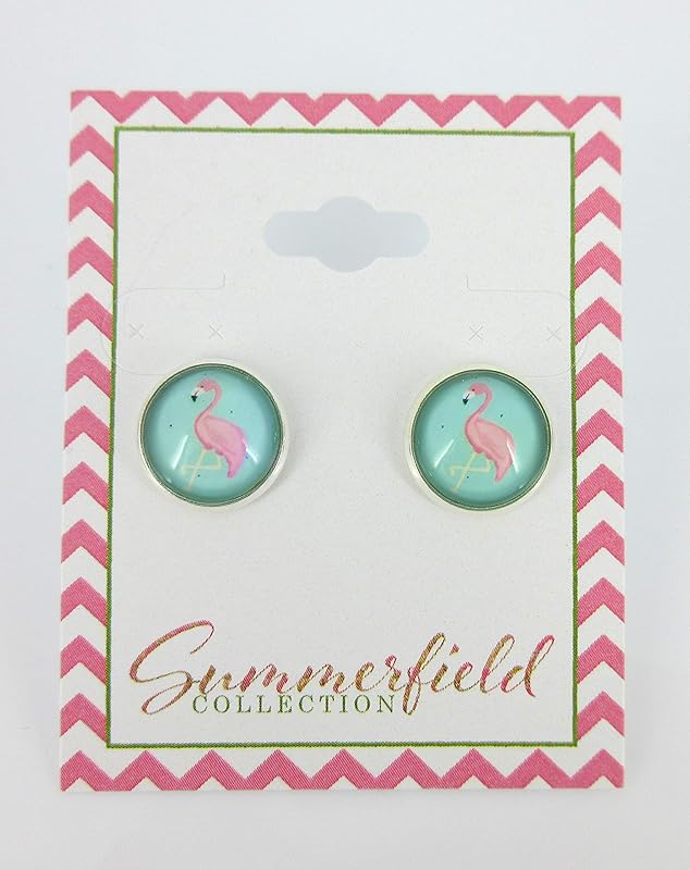 Summerfield Collection Silver-tone Teal Green Blue and Pink Flamingo Print Glass Stud Earrings 12mm