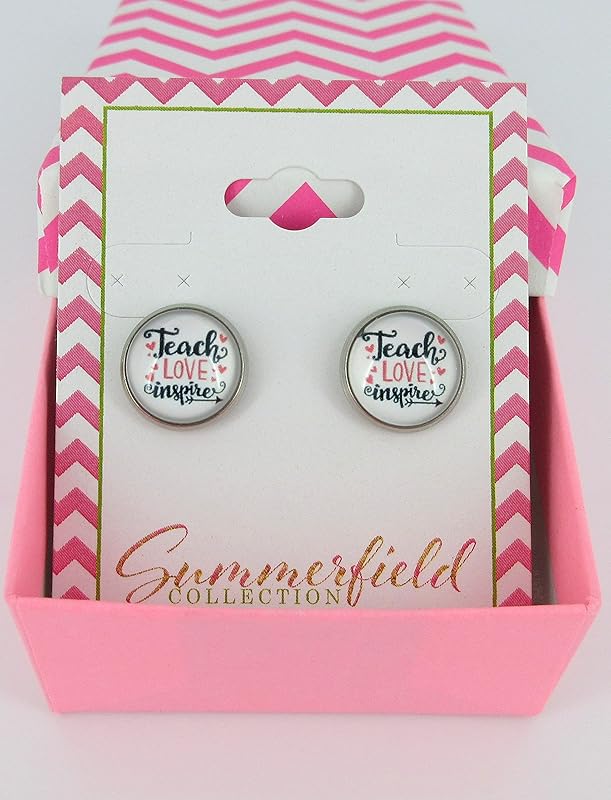 Summerfield Collection Stainless Steel Teacher Print Glass Stud Earrings 12mm (Teach Love Inspire)