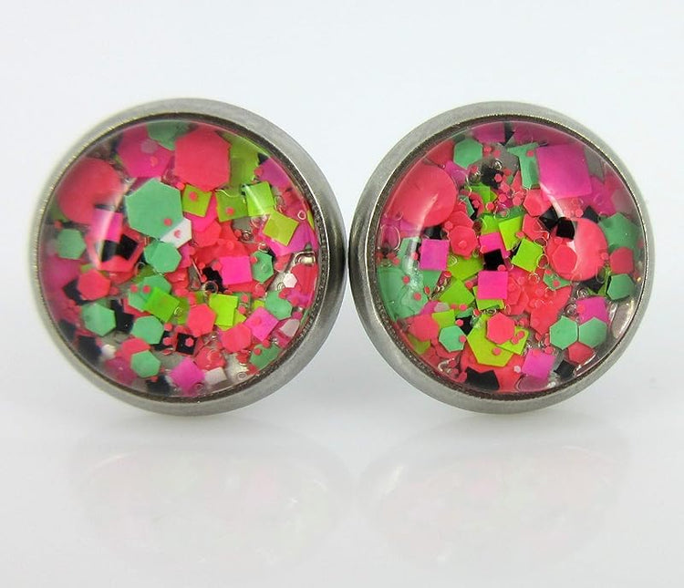 Summerfield Collection Stainless Steel Neon Party Glitter Glass Stud Earrings Hand-painted 10mm