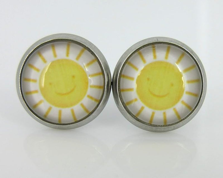 Summerfield Collection Stainless Steel White and Yellow Sunshine Print Glass Stud Earrings 10mm