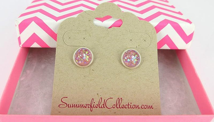 Summerfield Collection Silver-tone Faux Druzy Stone Stud Earrings 8mm (Pink AB)
