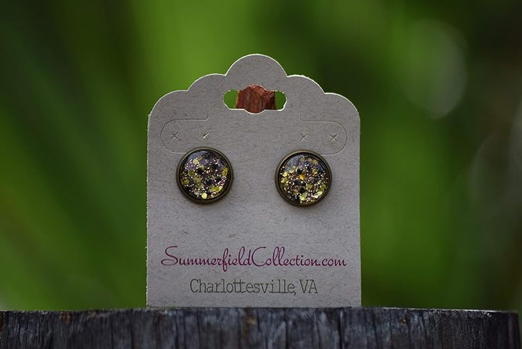 Summerfield Collection Antiqued Gold-tone Black and Silver Glitter Glass Stud Earrings Hand-painted 12mm