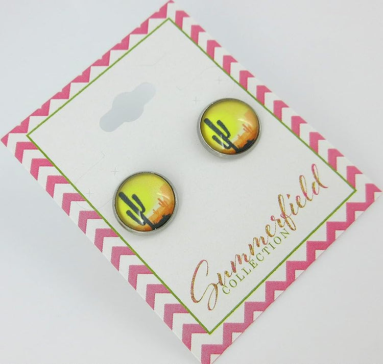 Summerfield Collection Stainless Steel Vintage Desert Cactus Print Glass Stud Earrings 12mm
