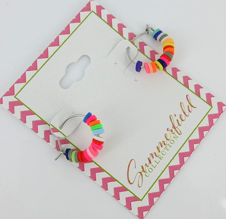 Summerfield Collection 15mm Stainless Steel Polymer Clay Katsuki Bead Hoop Earrings (Bright Multi)