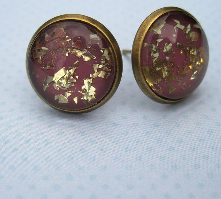 Summerfield Collection Antiqued Gold-tone Plum Berry Glitter Glass Stud Earrings 12mm Hand-painted