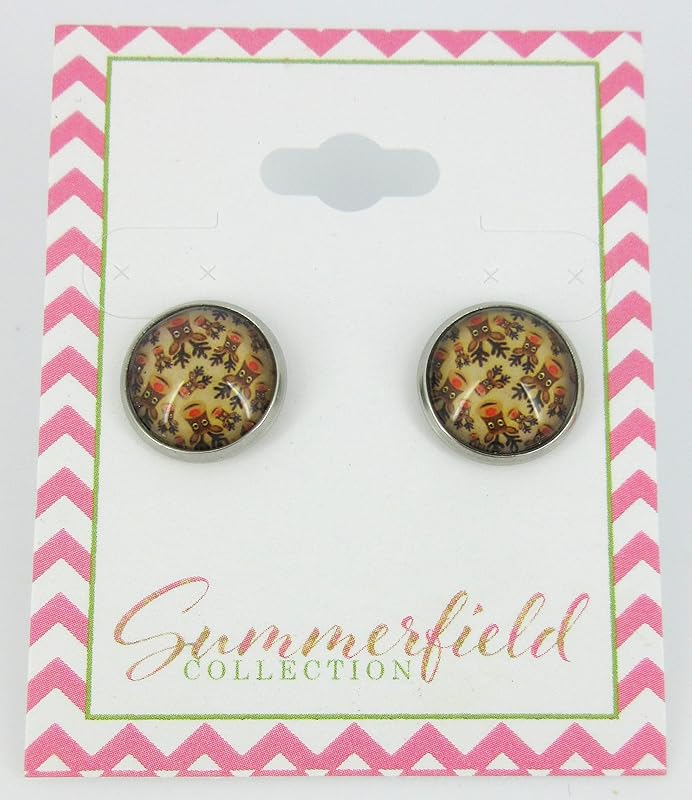 Summerfield Collection Stainless Steel Happy Reindeer Print Glass Stud Earrings 12mm Christmas
