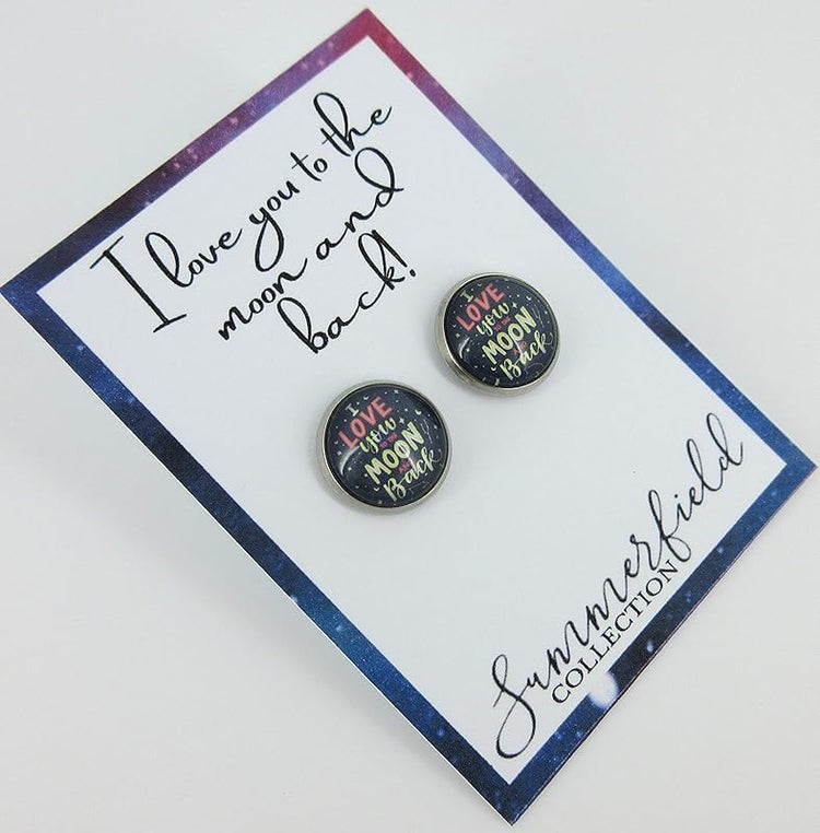 Summerfield Collection Stainless Steel I Love You to the Moon and Back Print Glass Stud Earrings 12mm (Stars)