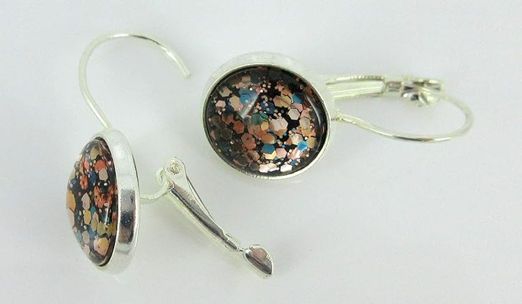 Summerfield Collection Silver-tone Black and Multi-Color Confetti Glitter Glass Lever-back Drop Earrings Hand-painted
