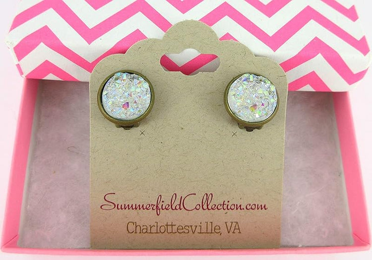 Summerfield Collection CLIP-ON Antiqued Gold-tone Faux Druzy Stone Stud Earrings 12mm (Clear AB)