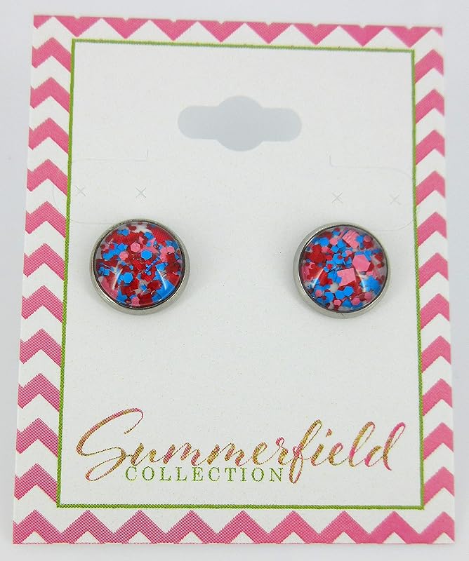 Summerfield Collection Stainless Steel Red Blue Pink Glitter Glass Stud Earrings Hand-painted 10mm