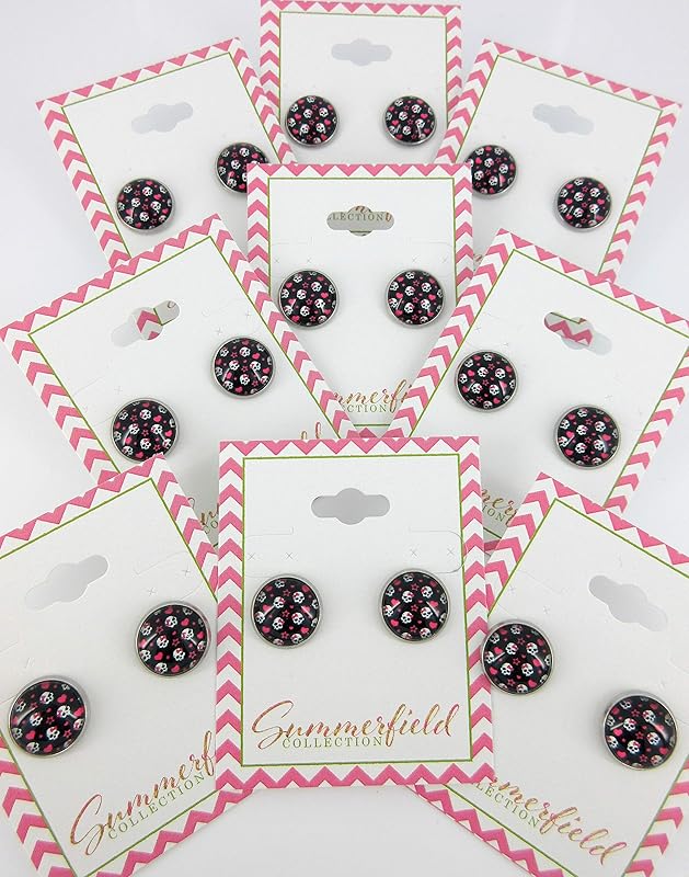 Summerfield Collection Stainless Steel Neon Pink Black White Skull Print Glass Stud Earrings 12mm