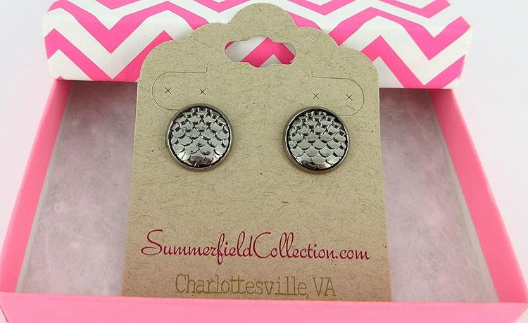Summerfield Collection Hematite-tone Metallic Dragon Scale Stud Earrings 12mm Gunmetal Gray Mermaid
