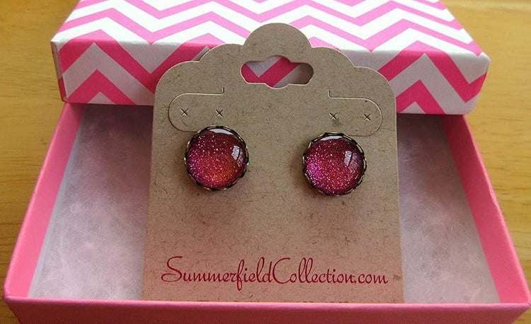 Summerfield Collection Antiqued Gold-tone Bright Pink Glitter Glass Stud Earrings 12mm Hand-painted