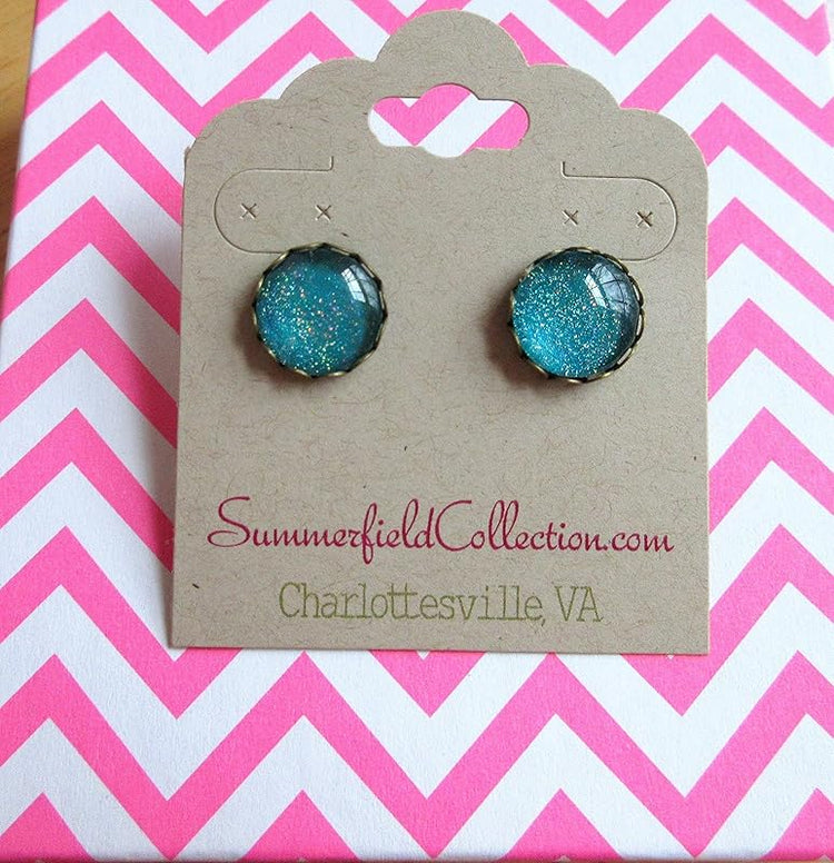 Summerfield Collection Antiqued Gold-tone Teal Blue Green Holographic Glitter Glass Stud Earrings Hand-painted 12mm