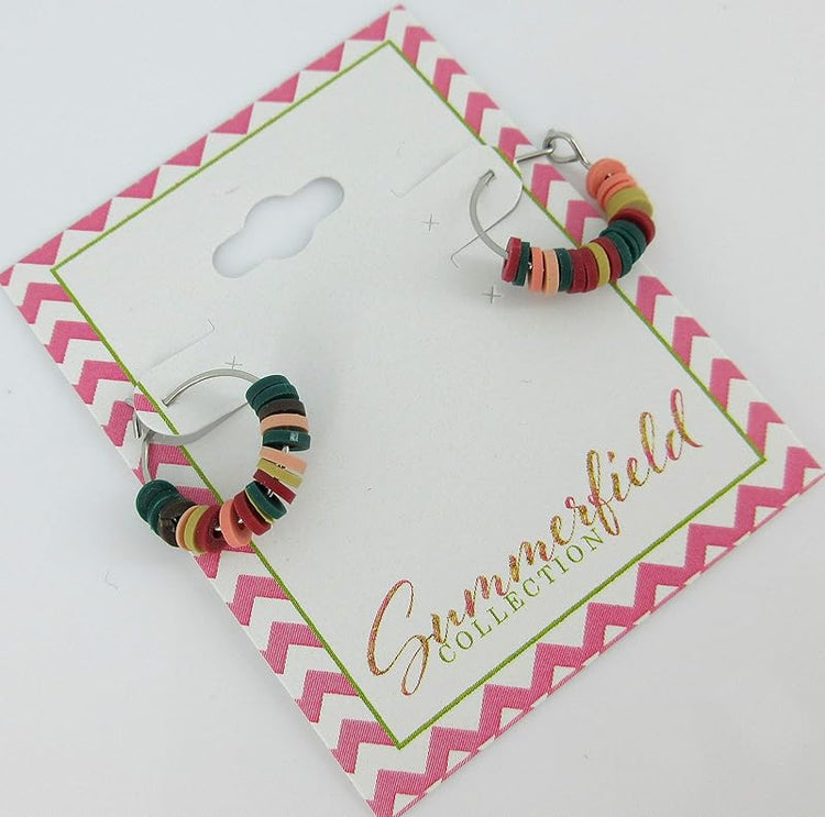 Summerfield Collection 15mm Stainless Steel Polymer Clay Katsuki Bead Hoop Earrings (Natural Multi)