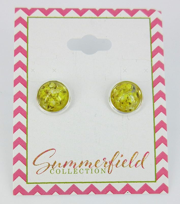 Summerfield Collection Silver-tone Clear and Dried Flower Resin Stud Earrings 10mm (Yellow)