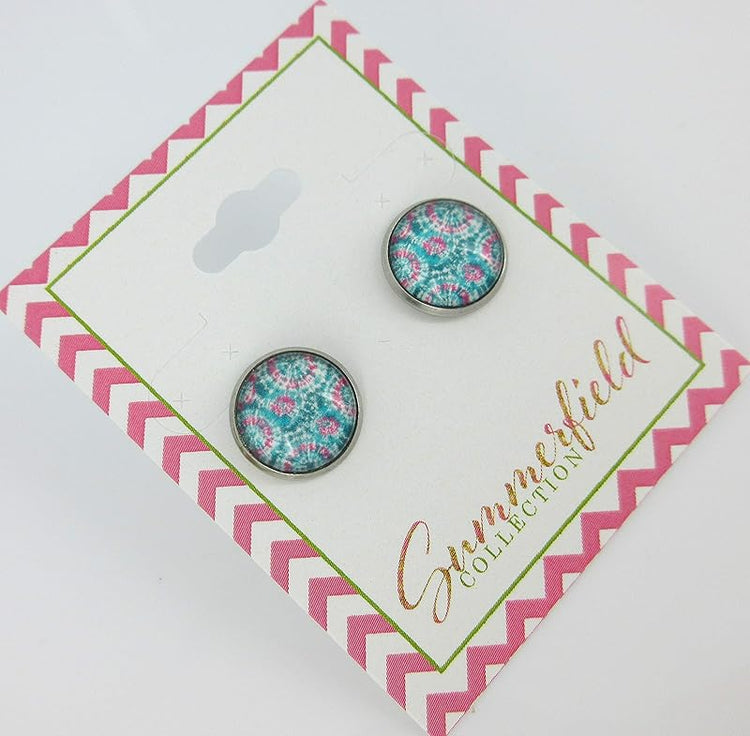 Summerfield Collection Stainless Steel Tie Dye Print Glass Stud Earrings 12mm (Aqua/Blue/Pink/Green)