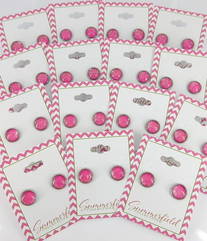 Summerfield Collection Stainless Steel Hot Pink and Iridescent Glitter Glass Stud Earrings Hand-painted 10mm