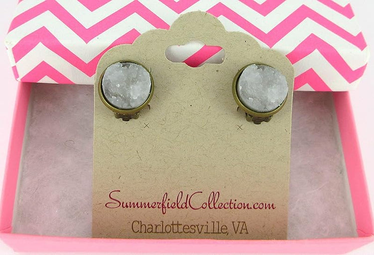 Summerfield Collection CLIP-ON Antiqued Gold-tone Faux Druzy Stone Stud Earrings 12mm (Clear)