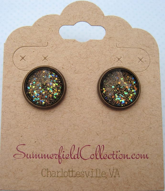 Summerfield Collection Antiqued Gold-tone Black Glitter Glass Galaxy Stud Earrings 12mm Hand-painted