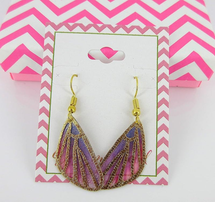 Summerfield Collection Gold Tone Butterfly Wing Fabric Dangle Earrings (Hot Pink and Purple)