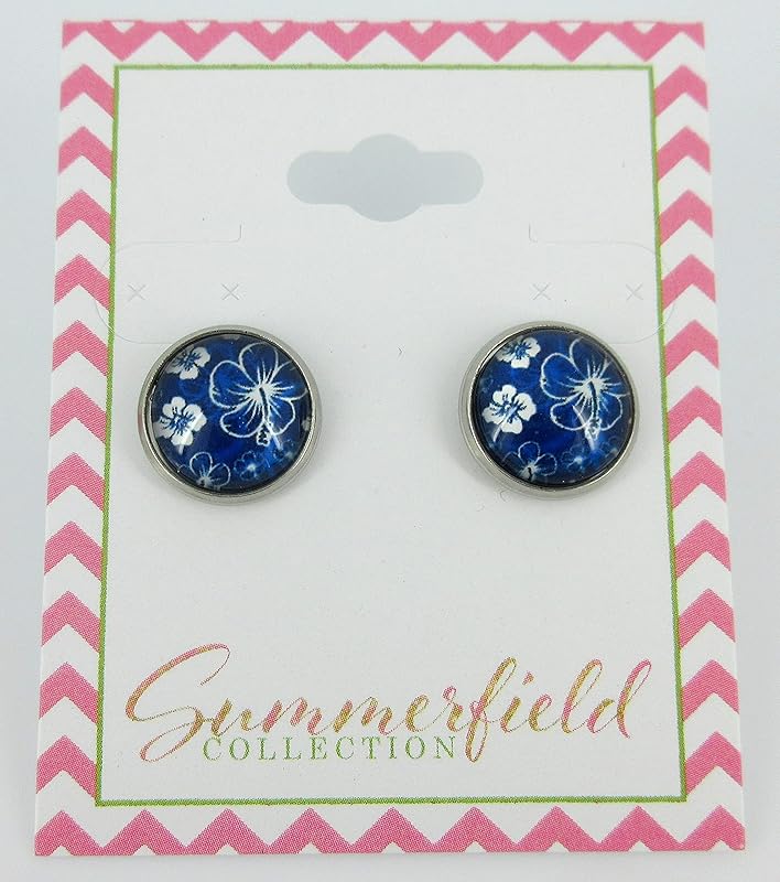 Summerfield Collection Stainless Steel Hibiscus Flower Print Glass Stud Earrings 12mm Hawaiian (Royal Blue)