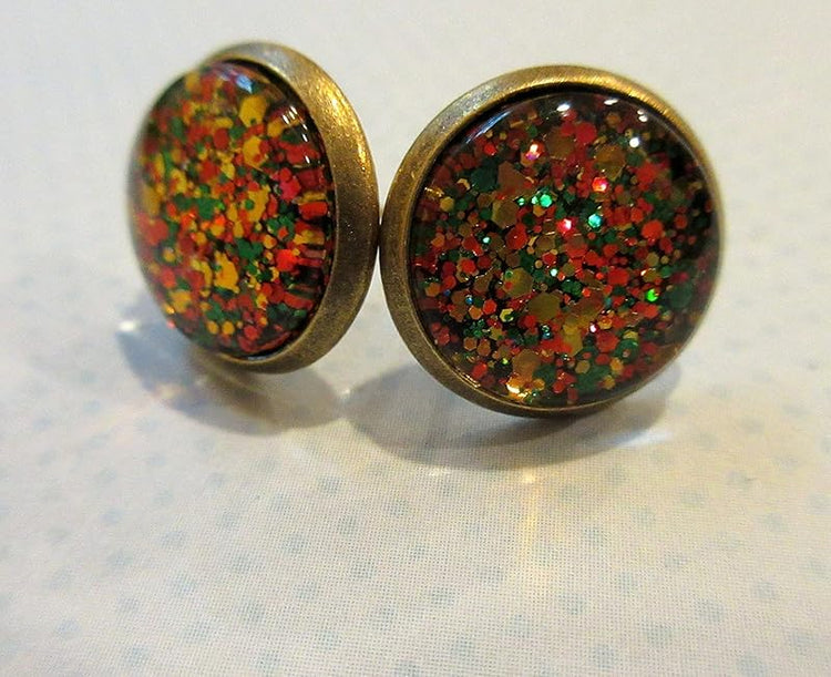 Summerfield Collection Antiqued Gold-tone Christmas Mix Glitter Glass Stud Earrings Hand-painted 12mm