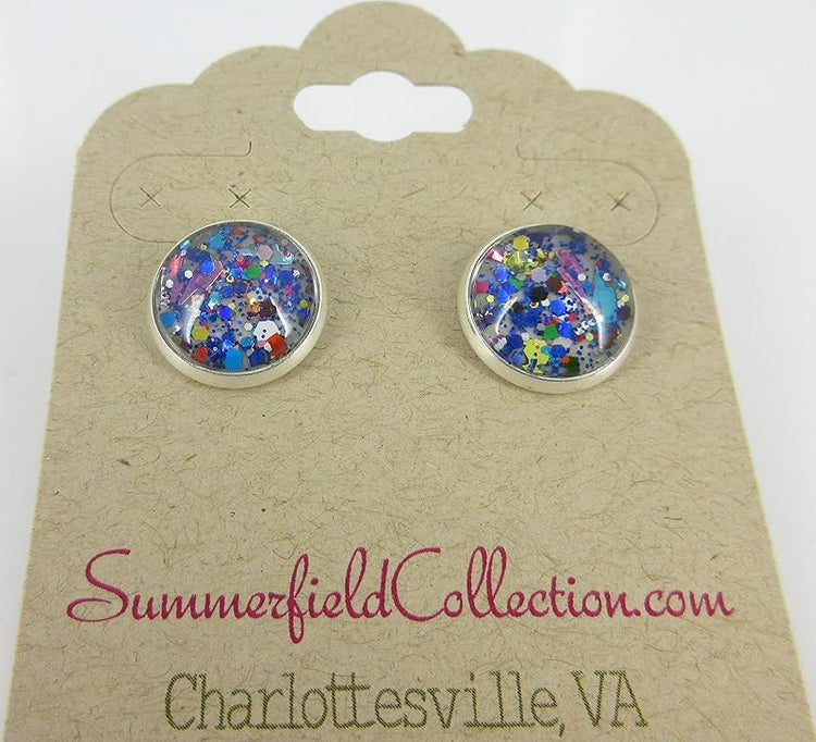 Summerfield Collection Silver-tone Gray and Multi Color Confetti Glitter Glass Stud Earrings Hand-painted 12mm
