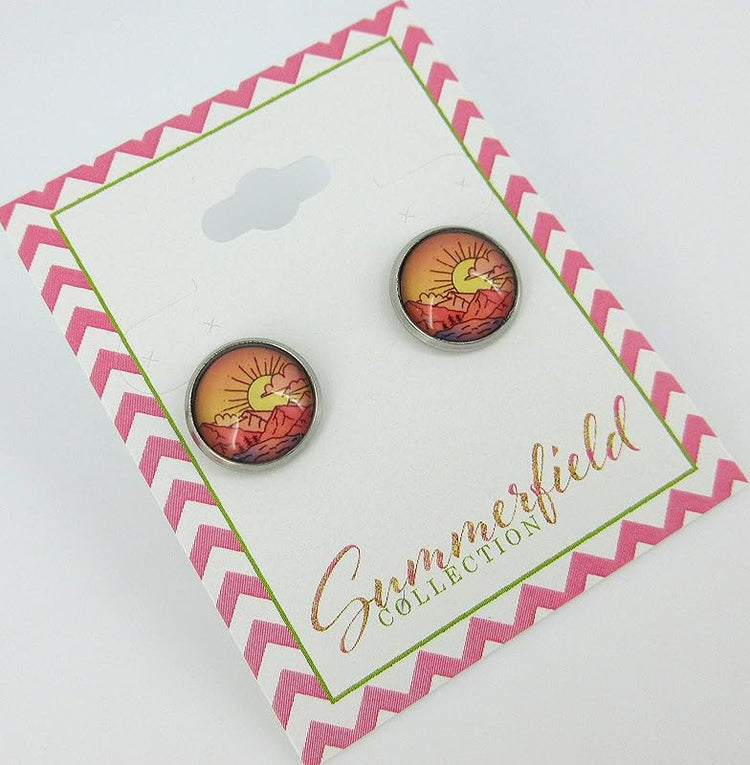 Summerfield Collection Stainless Steel Vintage Sunrise Print Glass Stud Earrings 12mm