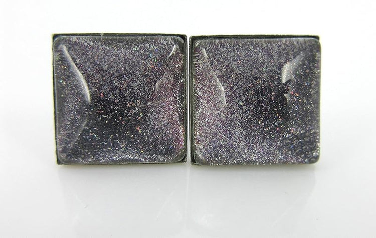 Summerfield Collection Stainless Steel Charcoal Gray Purple Green Glitter Glass Stud Earrings Hand-painted Square 10mm